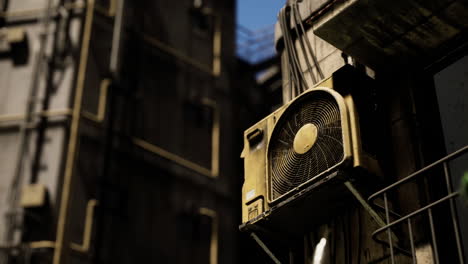 old air conditioning unit mounted on a weathered building exterior