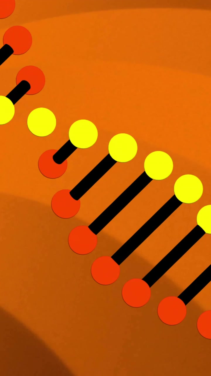 DNA strand animation over orange background with abstract shapes