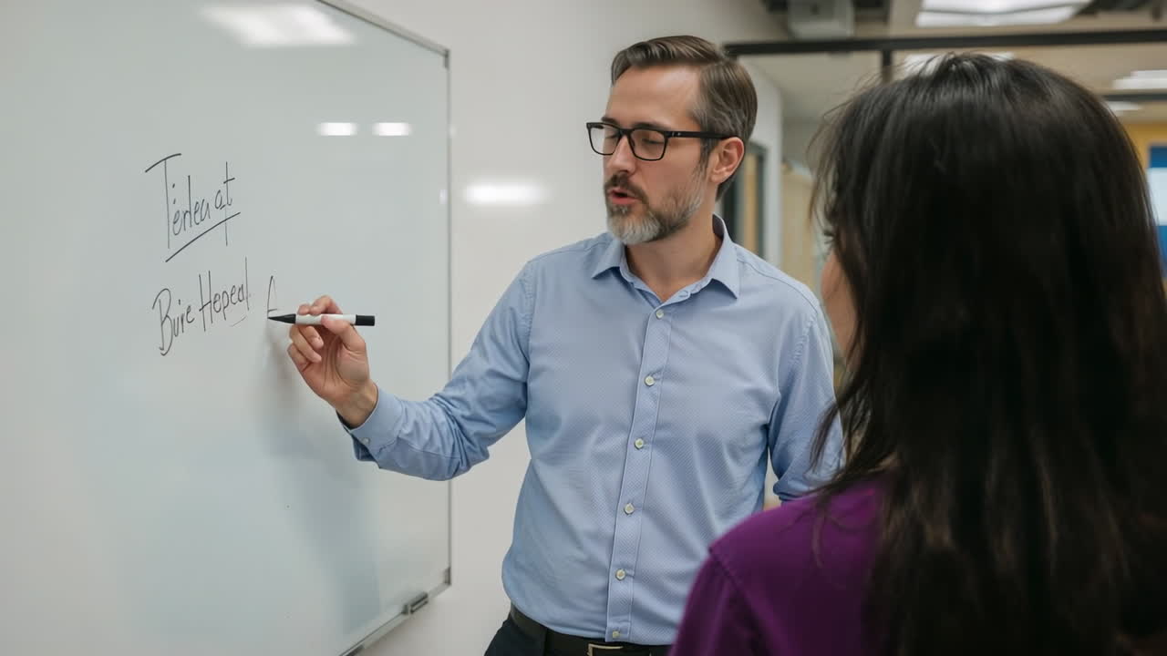 A man writing on a whiteboard while a woman observes