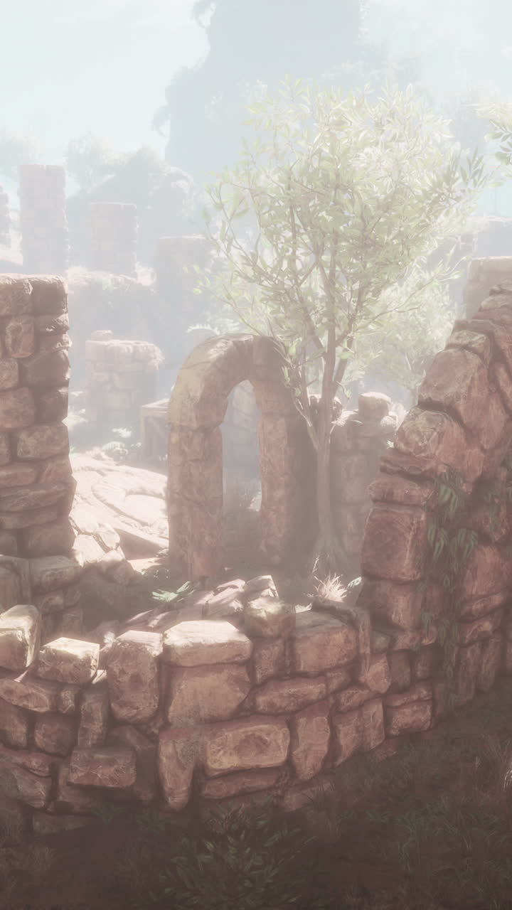 안개 가 가득 한 풍경 에 있는 고대 유적 들