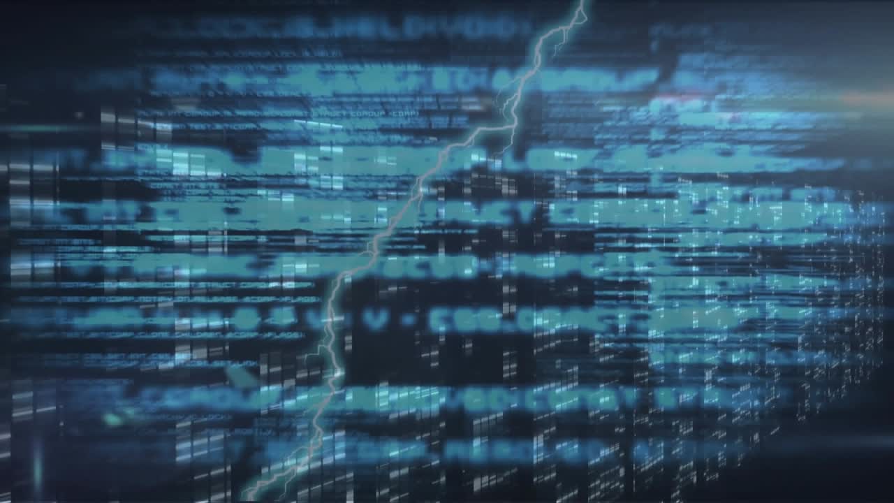 Animasjon av belyste søyler, bevegelig programmeringsspråk og linseflare over abstrakt bakgrunn