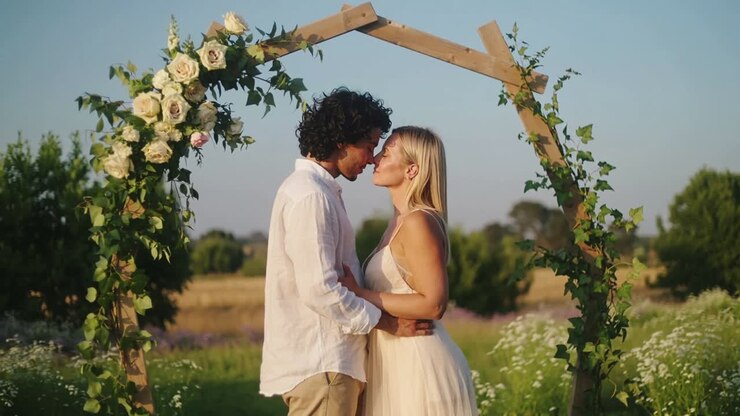 Leaning couple pressing brows, kissing under floral arch meadow, loving, white shirt, light dress