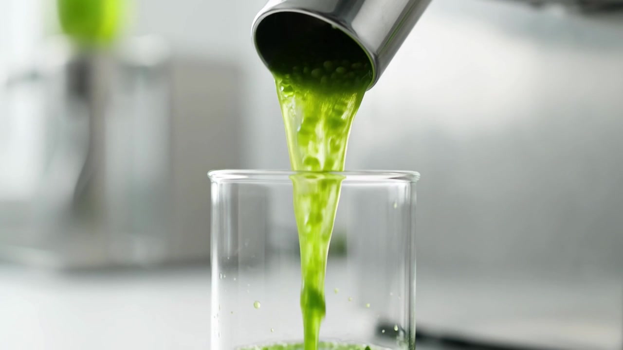 Succo di verdura verde fresco che si versa da uno spremiagrumi in un bicchiere