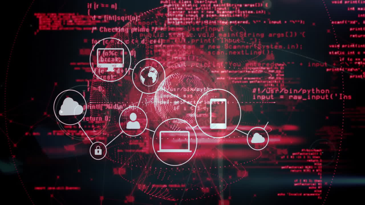 animación de la red de conexiones con iconos y procesamiento de datos en todo el mundo sobre fondo negro