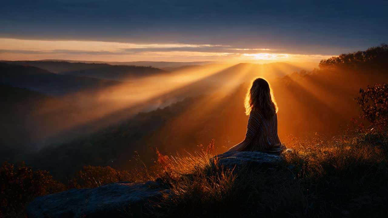 A Serene Moment of Reflection at Sunrise: Captured in Stunning Warm Hues with Sun Rays Illuminating the Landscape and an Individual in Contemplation, Embracing Nature's Beauty