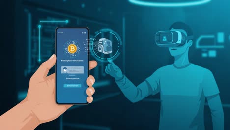 exploring virtual reality and blockchain transactions: a user interacts with digital assets through a smartphone and vr headset in a futuristic environment