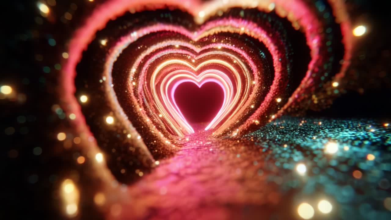A Stunning Visual Journey Through a Glittering, Heart-Shaped Tunnel, Illuminated by Vibrant Lights, Creating an Enchanting Atmosphere Ideal for Romantic Scenes and Celebratory Occasions