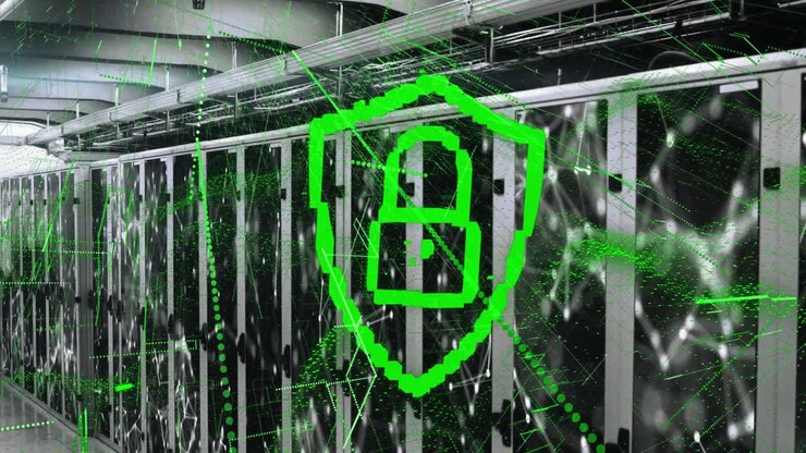 Animazione di icona di lucchetto di sicurezza e scie luminose verdi su sfondo di sala server di computer