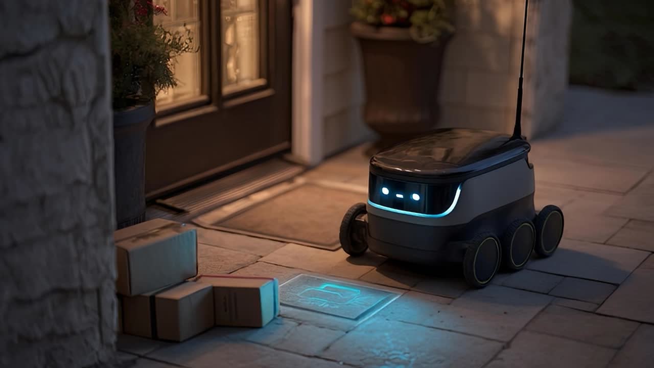 Delivery robot at evening doorstep with packages awaiting pickup