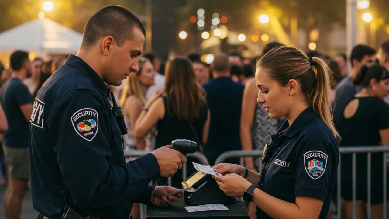 Security personnel conducting ticket checks at a busy outdoor event, ensuring safety and compliance as guests enter the venue while managing a lively atmosphere and crowd