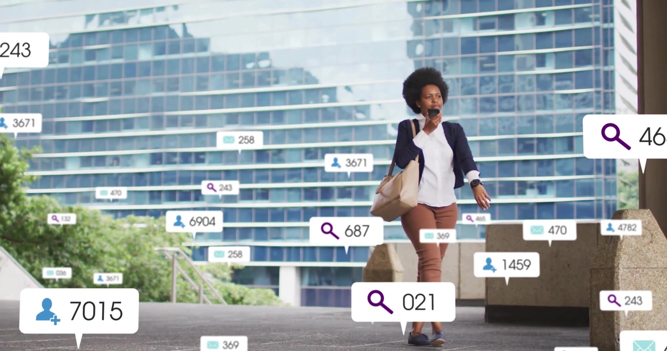 Female professional walking plaza using smartphone and smartwatch, monitoring rising tech alerts