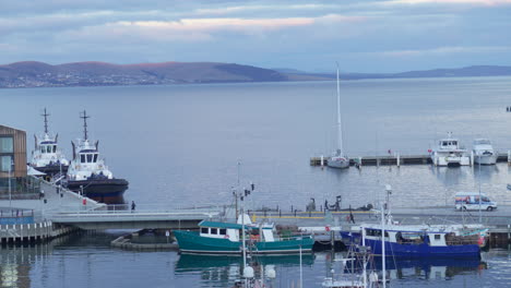 tasports tug boats and fishing vessels moored up in hobart harbour, australia