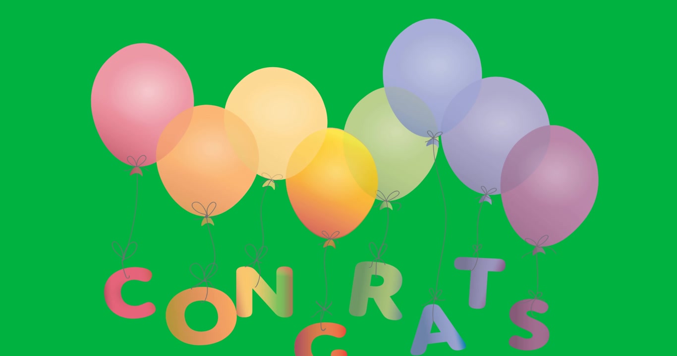 Digital animation of congrats text tied to colorful balloons against black background