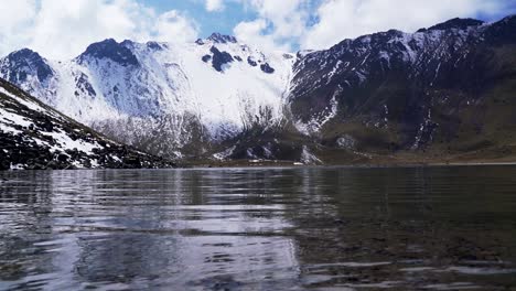 Vista-Del-Nivel-Del-Agua-De-La-Laguna-En-El-Cráter-Del-Volcán-Nevado-De-Toluca-También-Llamado-Xinantecatl-Con-La-Montaña-Al-Fondo-En-Un-Agradable-Día-Relajado