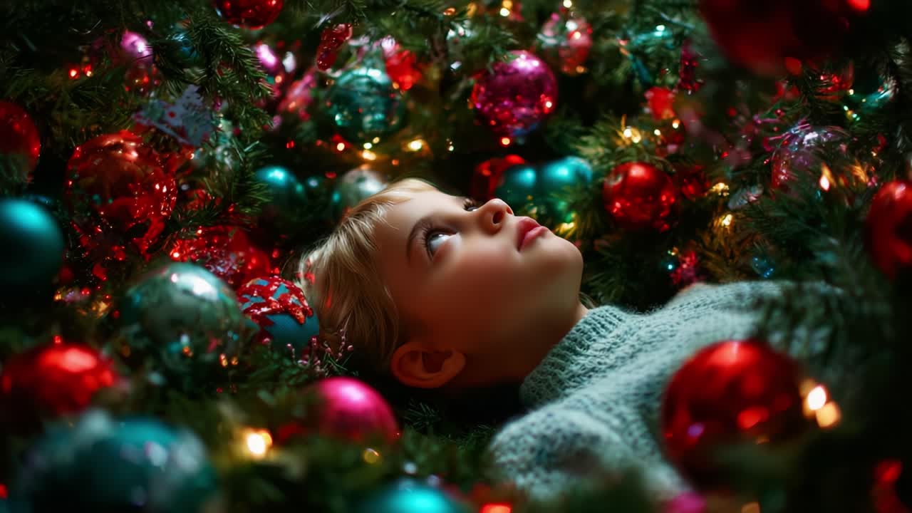 A young child gazes upward with wonder, surrounded by a festive array of Christmas ornaments and twinkling lights, capturing the magic and joy of the holiday season