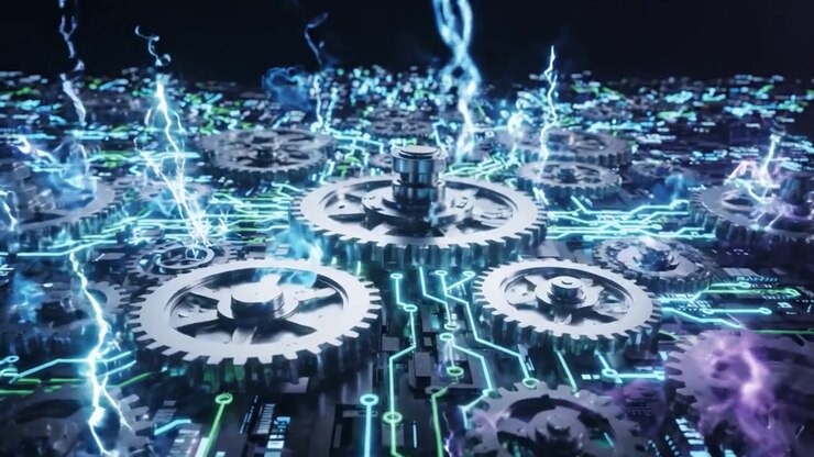 A Stunning Visual Journey Through Intricate Gears and Futuristic Circuitry, Highlighting the Fusion of Mechanical Precision and Digital Innovation in a Modern Landscape.
