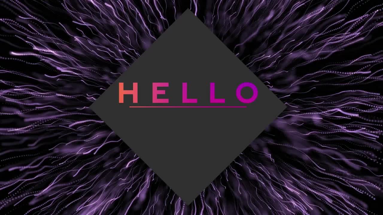 animación de hello sobre fondo cuadrado y negro con fuegos artificiales