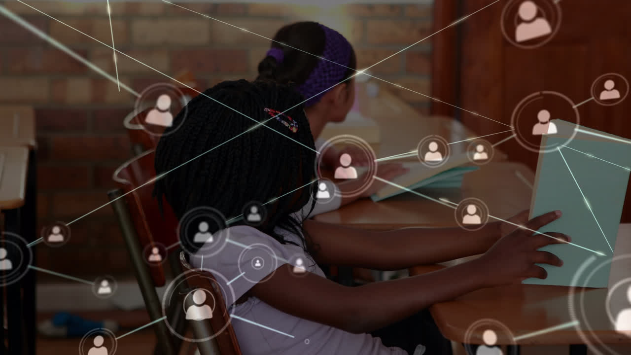 animación de una red de conexiones entre diversas niñas que aprenden en la escuela