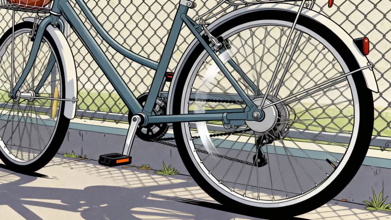舗装路で押され、ホワイトウォールタイヤを装着した青い自転車の後輪が時計回りに回転している。