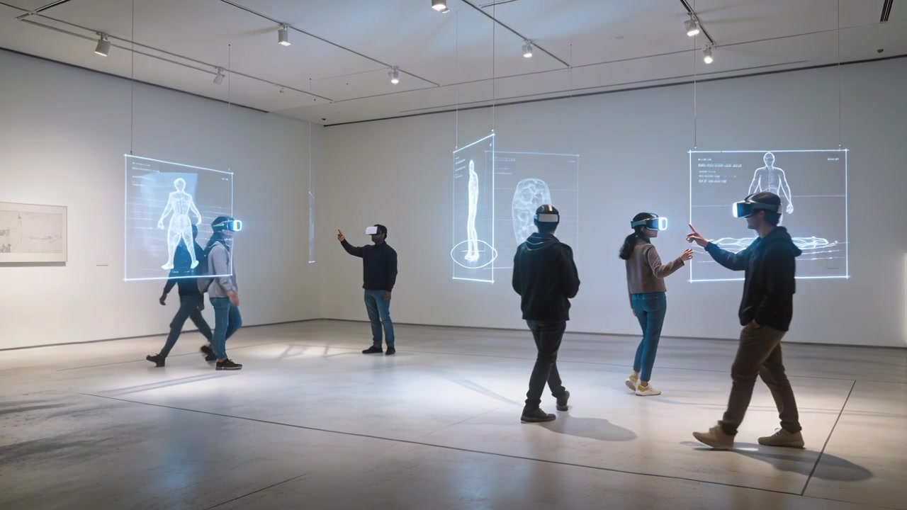 Reacting to panel updates, six participants reaching projections in gallery, wearing AR headsets
