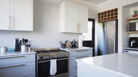 a modern kitchen showcases stainless steel appliances and white cabinetry