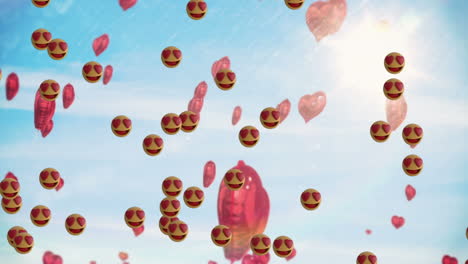 animación de emoji e iconos de corazón sobre el cielo azul