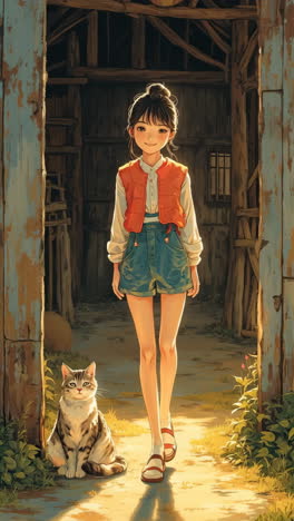 smiling anime girl with a cat in a rustic barn