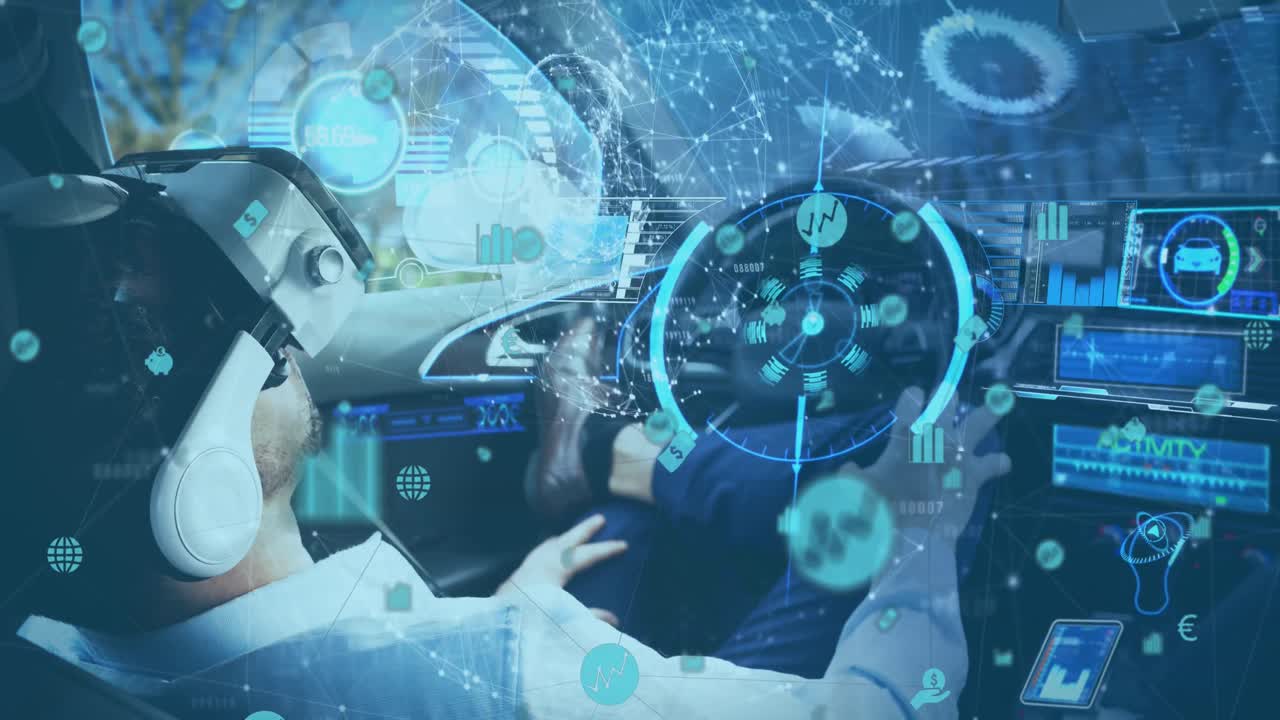 인터페이스 및 정보 디스플레이의 애니메이션과 자율주행 자동차를 사용하는 man in vr 헤드 ⁇