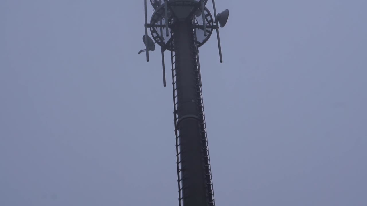 panorámica de cámara vertical lenta en una torre de radio alta en el bosque en otoño con niebla y lluvia