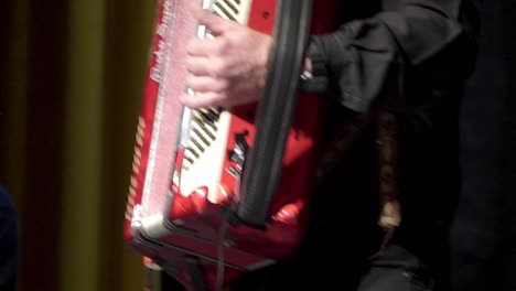 closeup of an accordionist's hands performing onstage during a folk festival.