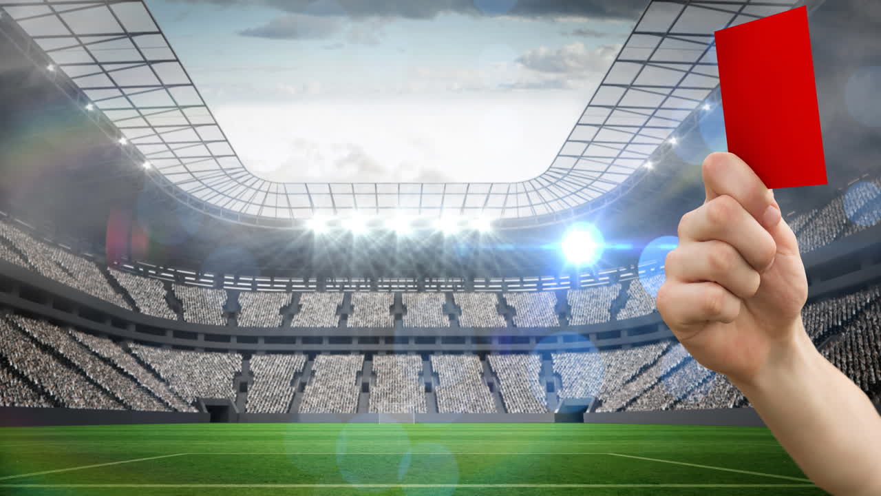 animación de un árbitro con tarjeta roja en el campo en un estadio deportivo
