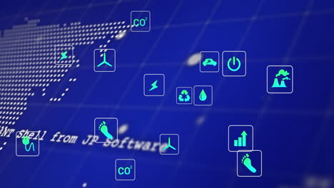animación de iconos ecológicos y procesamiento de datos sobre el mapa del mundo