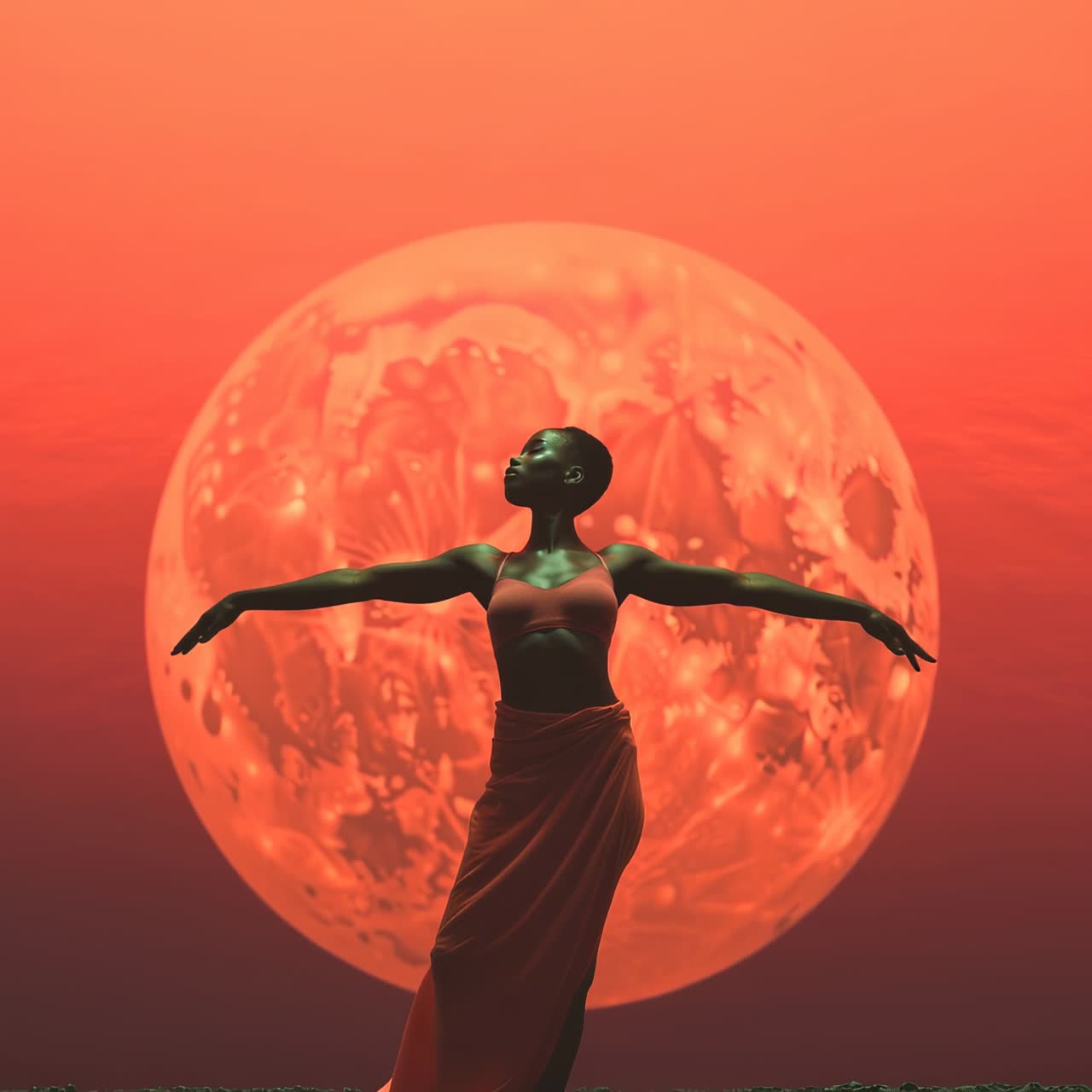 Artistic video concept with a low-angle shot of a woman in a red dress, arms outstretched, set