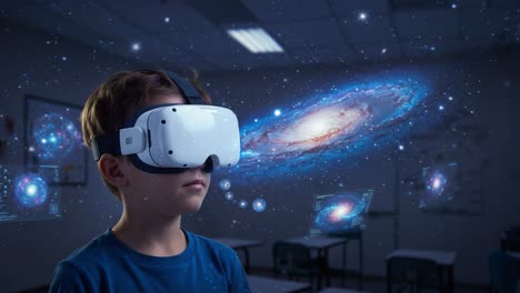 a young boy experiences the wonders of virtual reality, immersed in a galactic environment filled with stars, planets, and mysteries of the universe in an educational setting