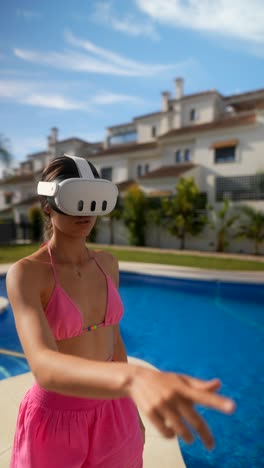 mujer en auriculares vr junto a la piscina