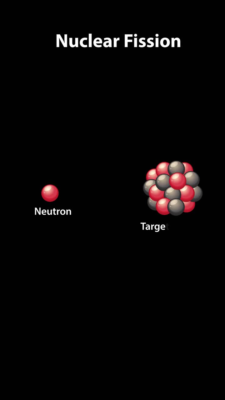 Animation illustrating neutron-induced nuclear fission, showing particle interactions and energy release in a clear, educational style