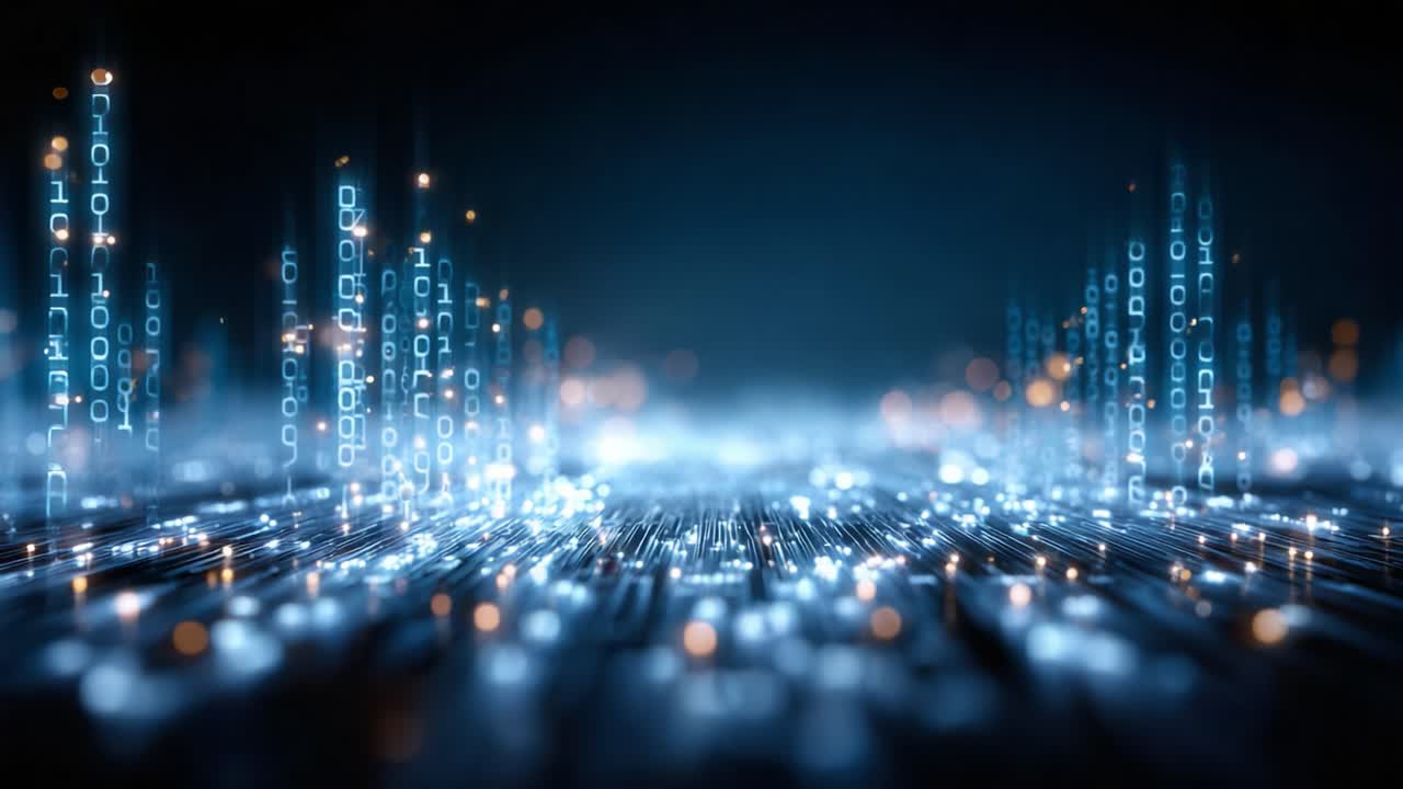 A Futuristic Digital Landscape with Glowing Binary Code Representing Data Streams and Technological Advancement in a Virtual Environment