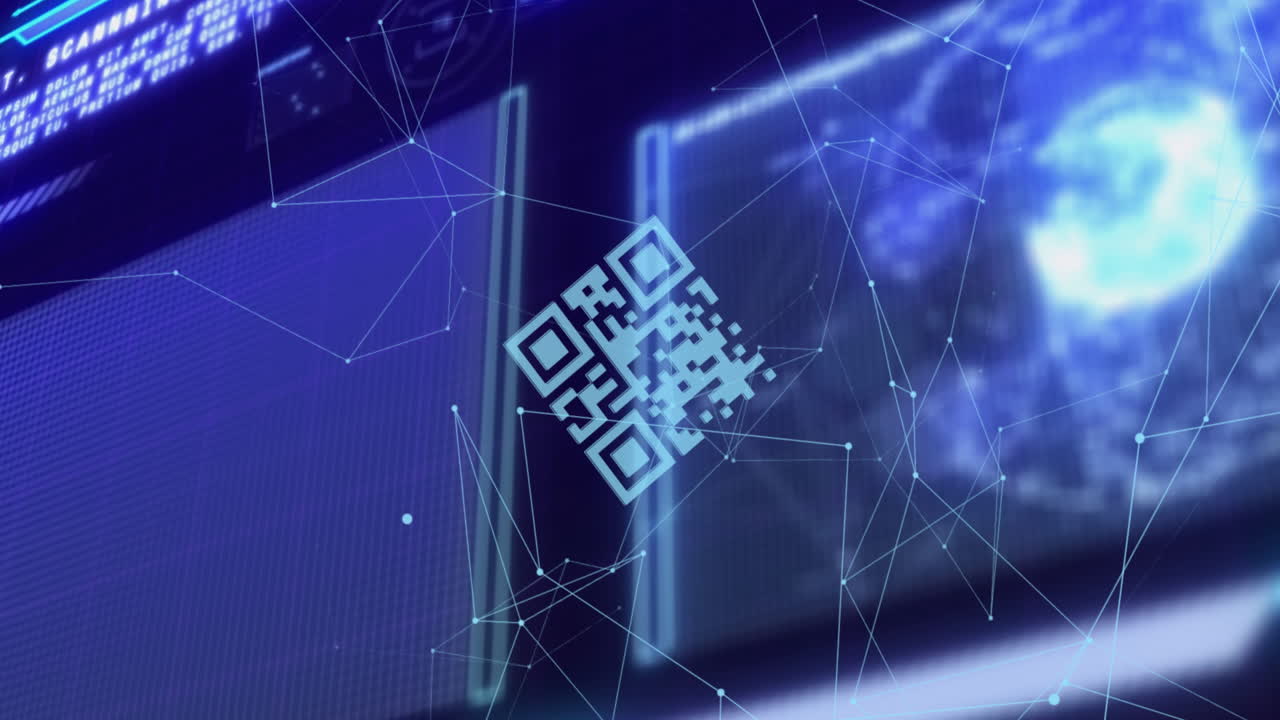 animación de códigos qr en bucle, puntos conectados con globo, lenguaje informático sobre fondo abstracto