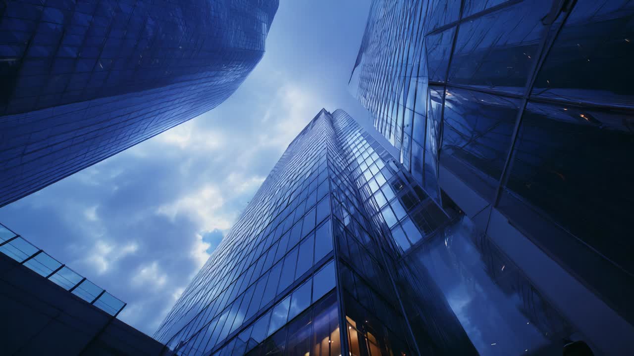A Dramatic Perspective of Skyscrapers Against a Dusk Sky: Modern Architecture Reflecting Twilight Shades with Glass Facades Creating a Visual Symphony of Light and Shadow in an Urban Landscape