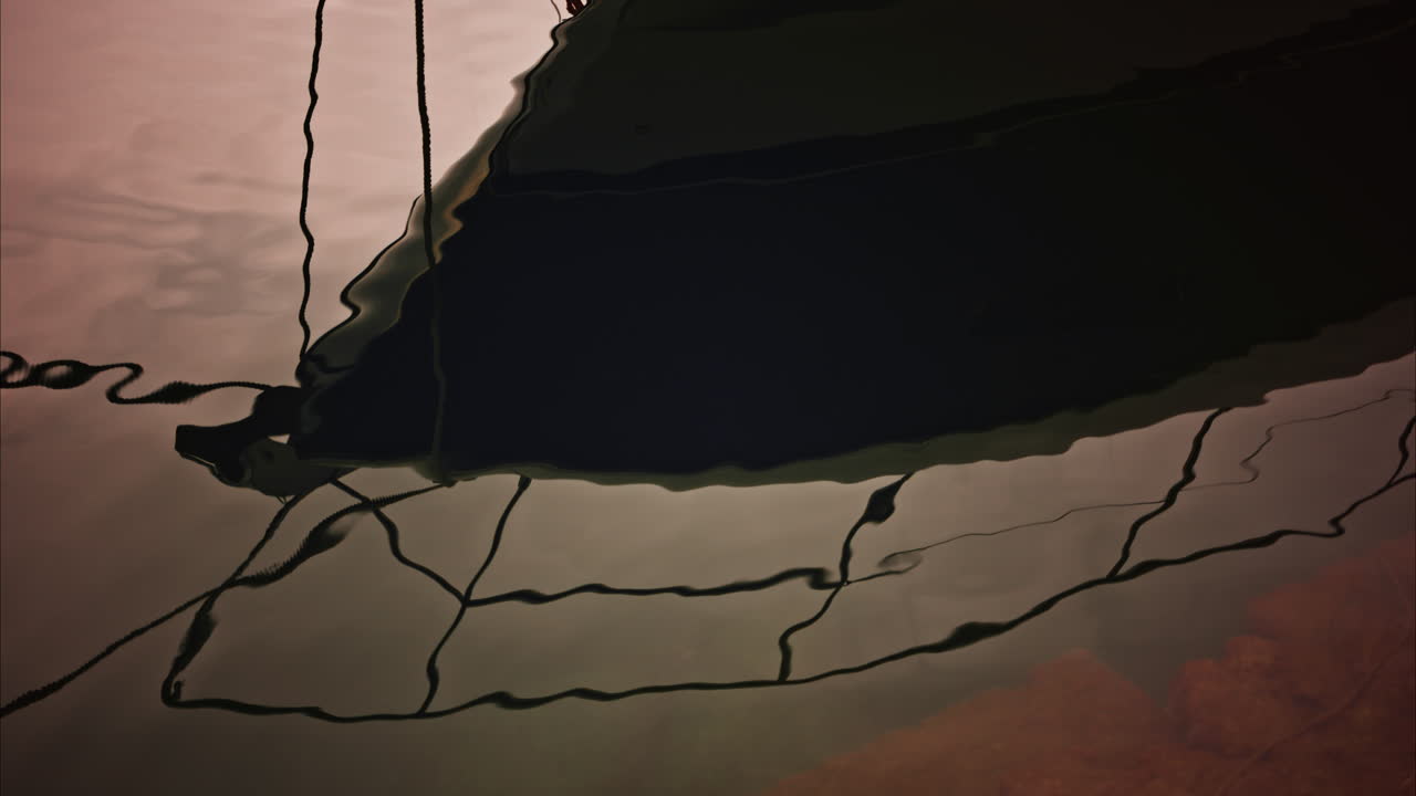 The water reflection of a boat docked in a harbour