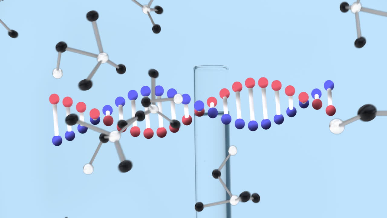 Floating animation of DNA strand and molecular structures over light blue background