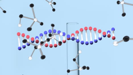 floating animation of dna strand and molecular structures over light blue background