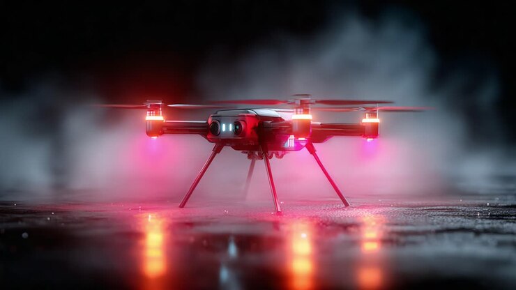 A high-tech drone hovers above a reflective surface, illuminated by vibrant red and pink lights, creating an atmospheric and futuristic scene with fog and dynamic reflections