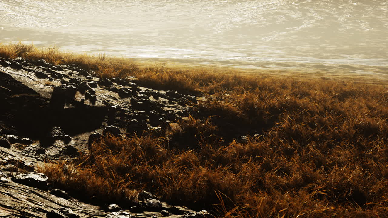 piedras cubiertas de hierba y musgo bajo el cielo brillante de nepal