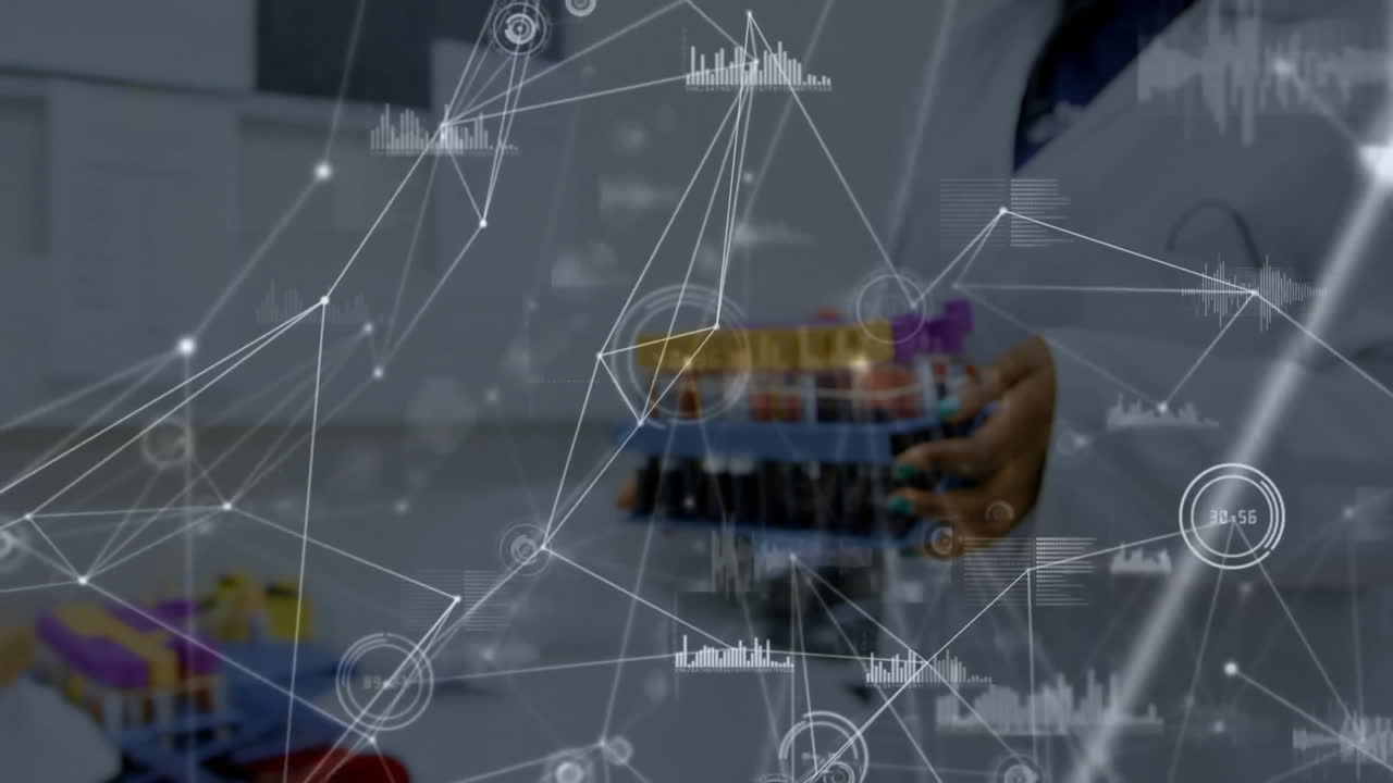 Holding test tubes, scientist with network connections and data processing animation