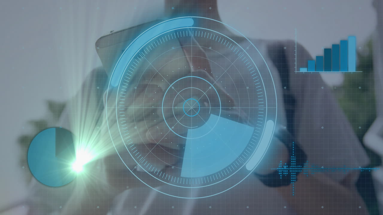 Man holding smartphone in tech office, showing holographic radar, pie chart, bar chart overlays