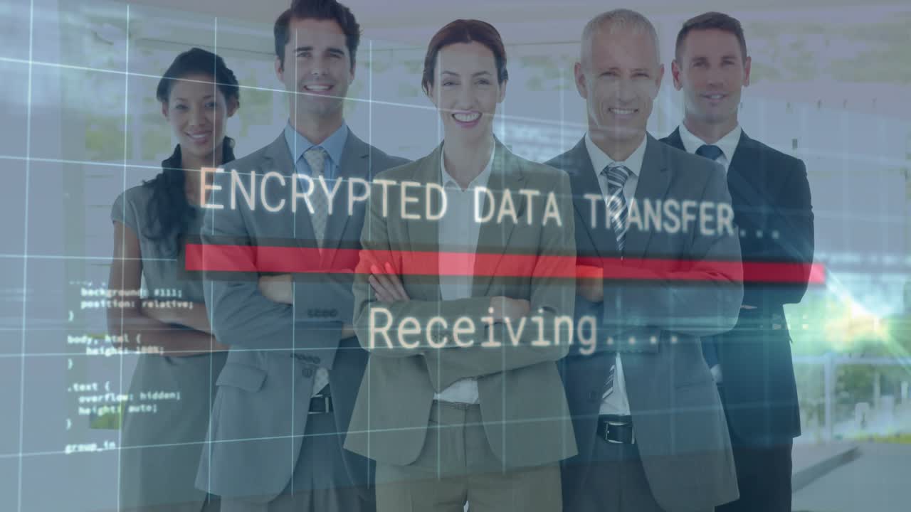Tech team standing office as app starting secure UI code flow, red bar filling, receiving, fading
