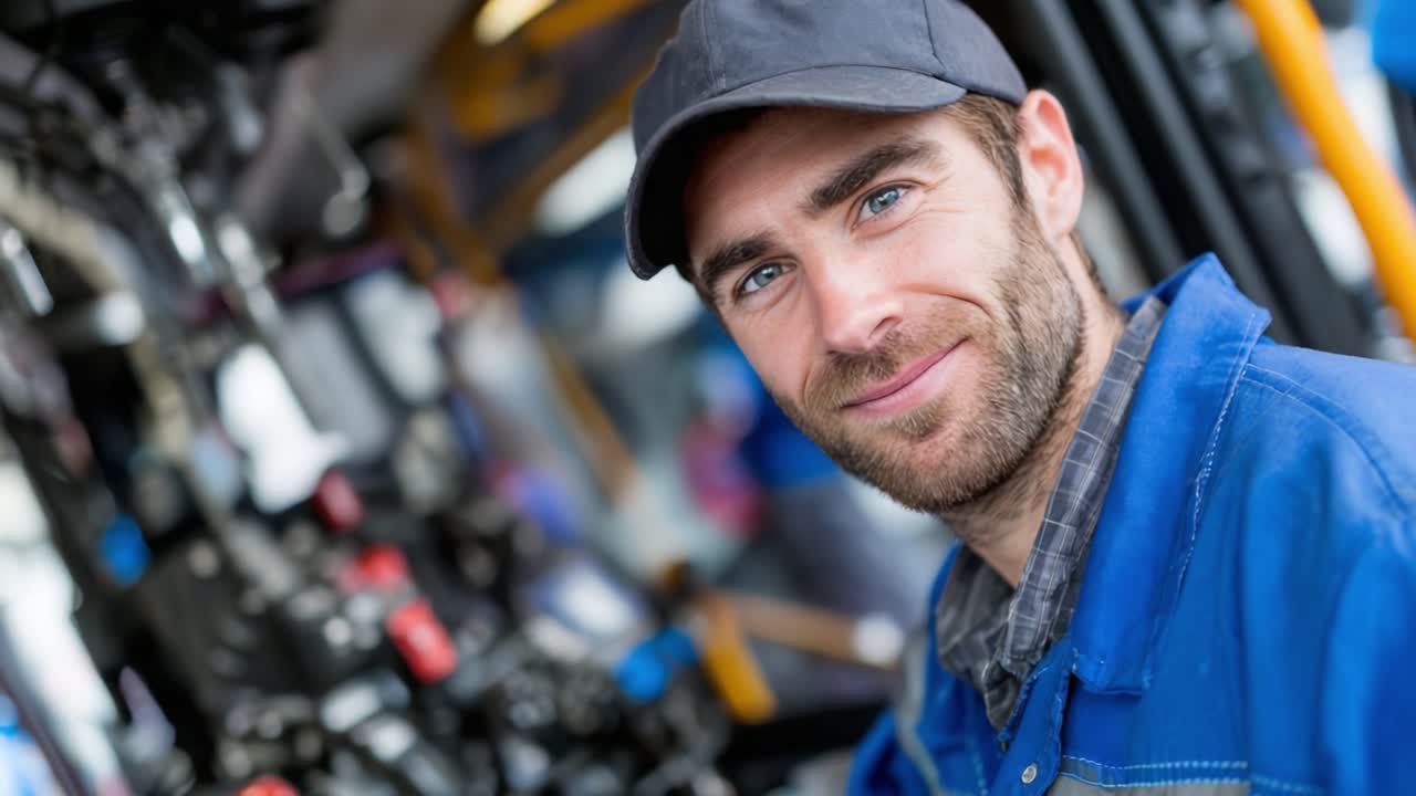 Un meccanico coinvolgente sorride alla fotocamera, mostrando competenza e fiducia mentre lavora su macchinari industriali in un ambiente di officina moderno.