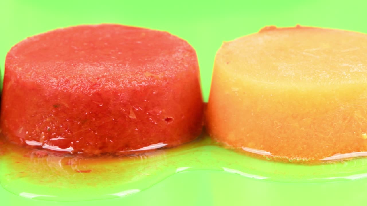 batido congelado de calabaza, plátano, zanahoria, manzana, melocotón, fresa, morera, frambuesa y kiwi en el fondo verde. vista superior. movimiento de bucle. rotación 360.