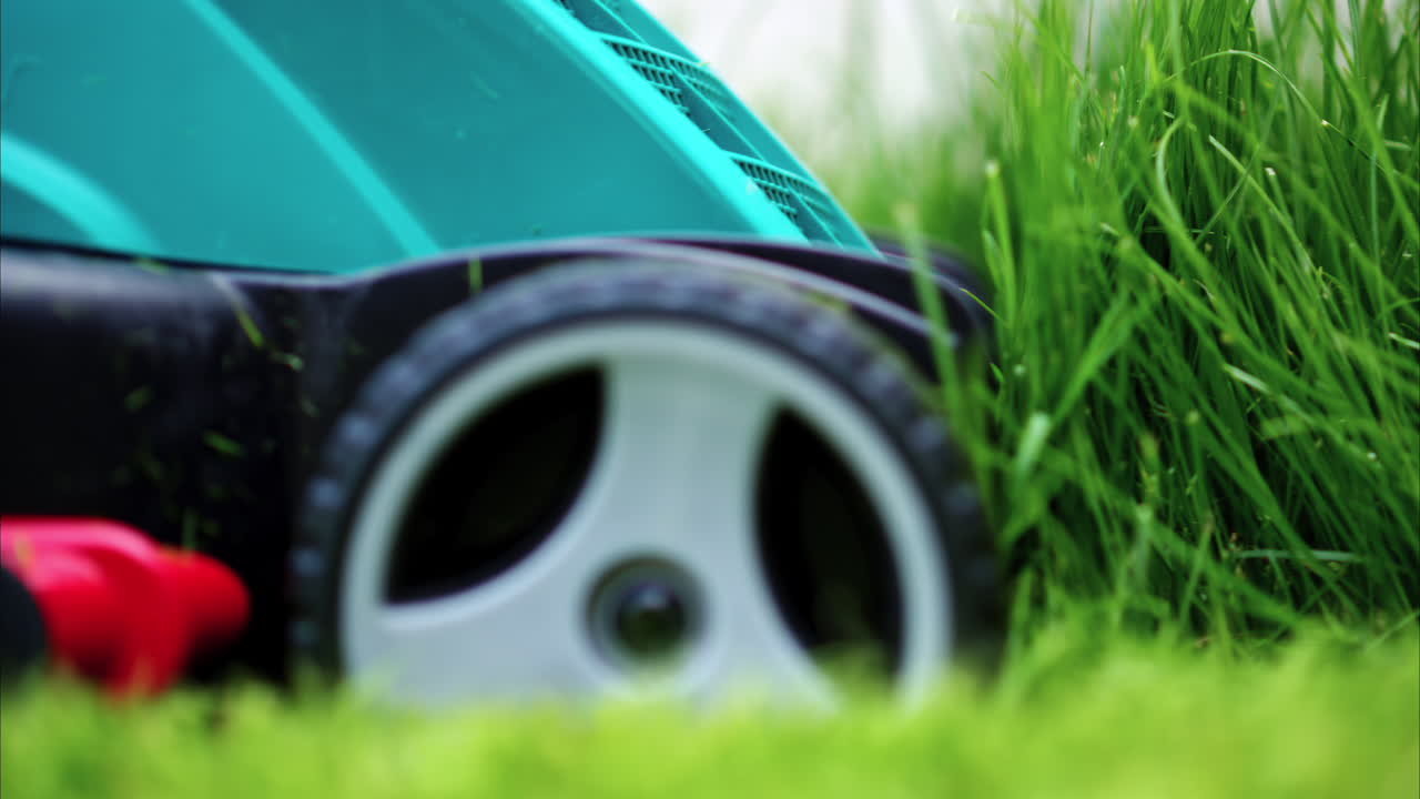 Close up of turquoise lawn mower machine cutting the grass